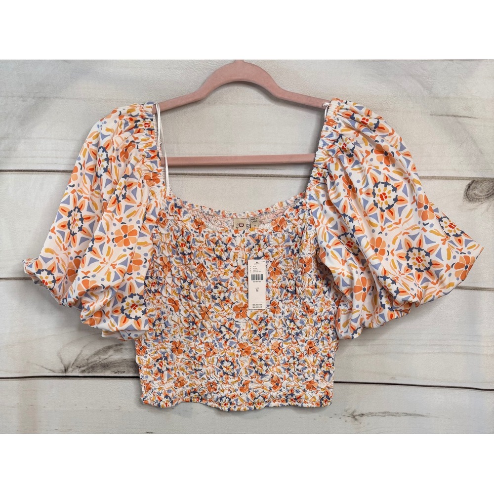 Dolan Left Coast Collection Orange Floral Smocked Puff Sleeve‎ Crop Top M NWT
